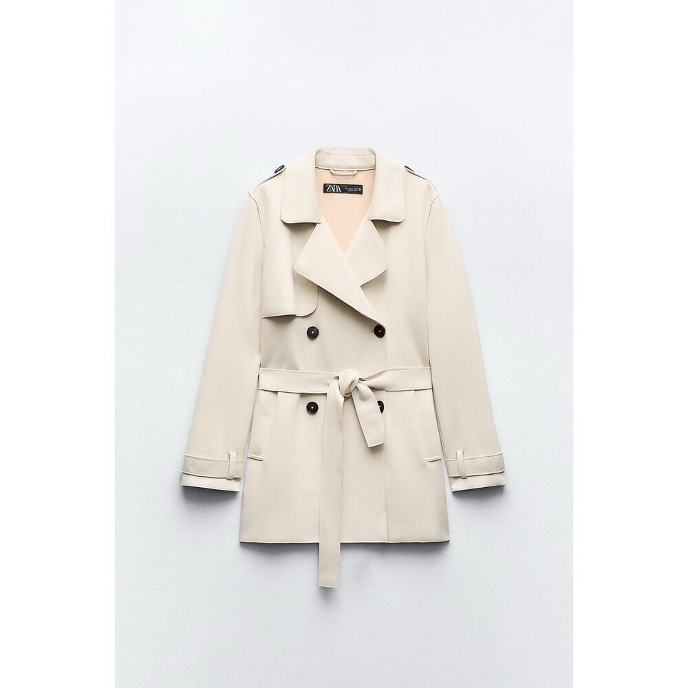 Zara Double Breasted Trench Coat Faux Suede Size Large Cream Belted Minimal